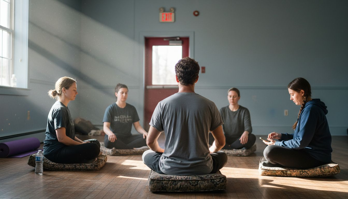 Group preparing for meditation in community room