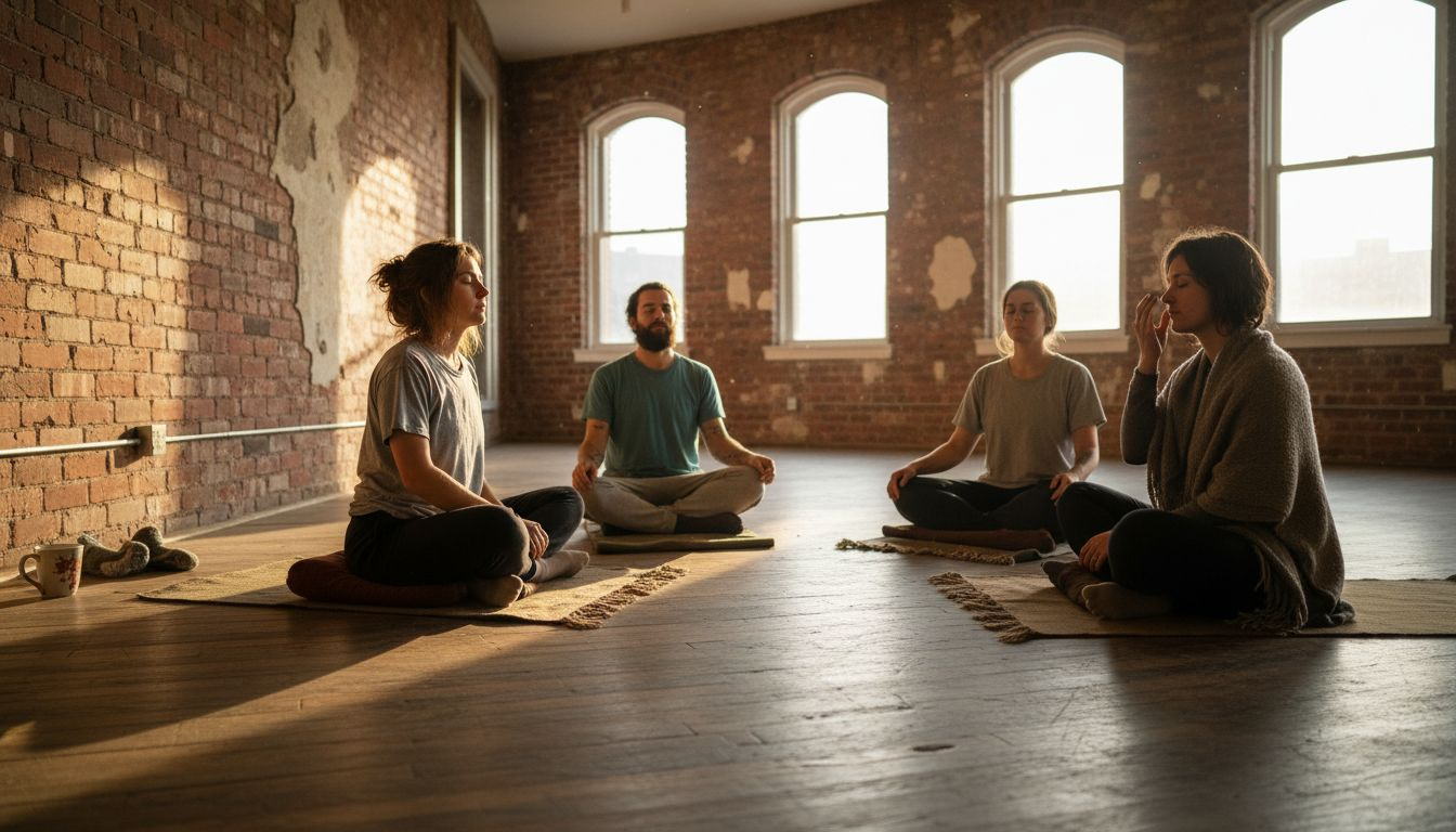 Urban loft meditation group with sunlight