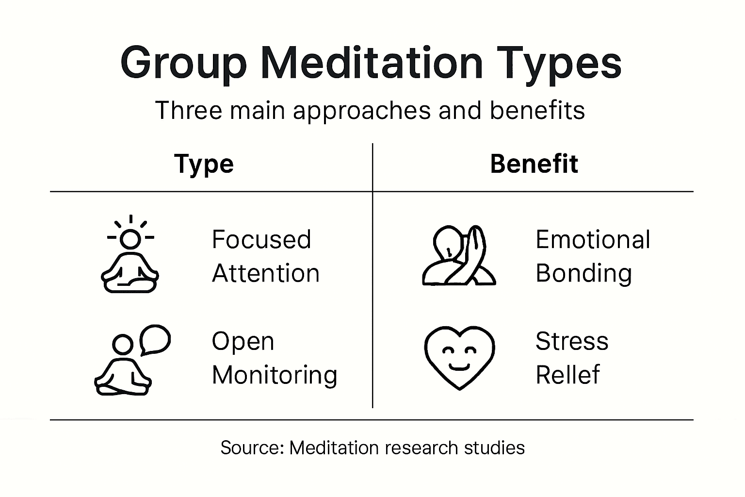 Infographic of group meditation types and benefits