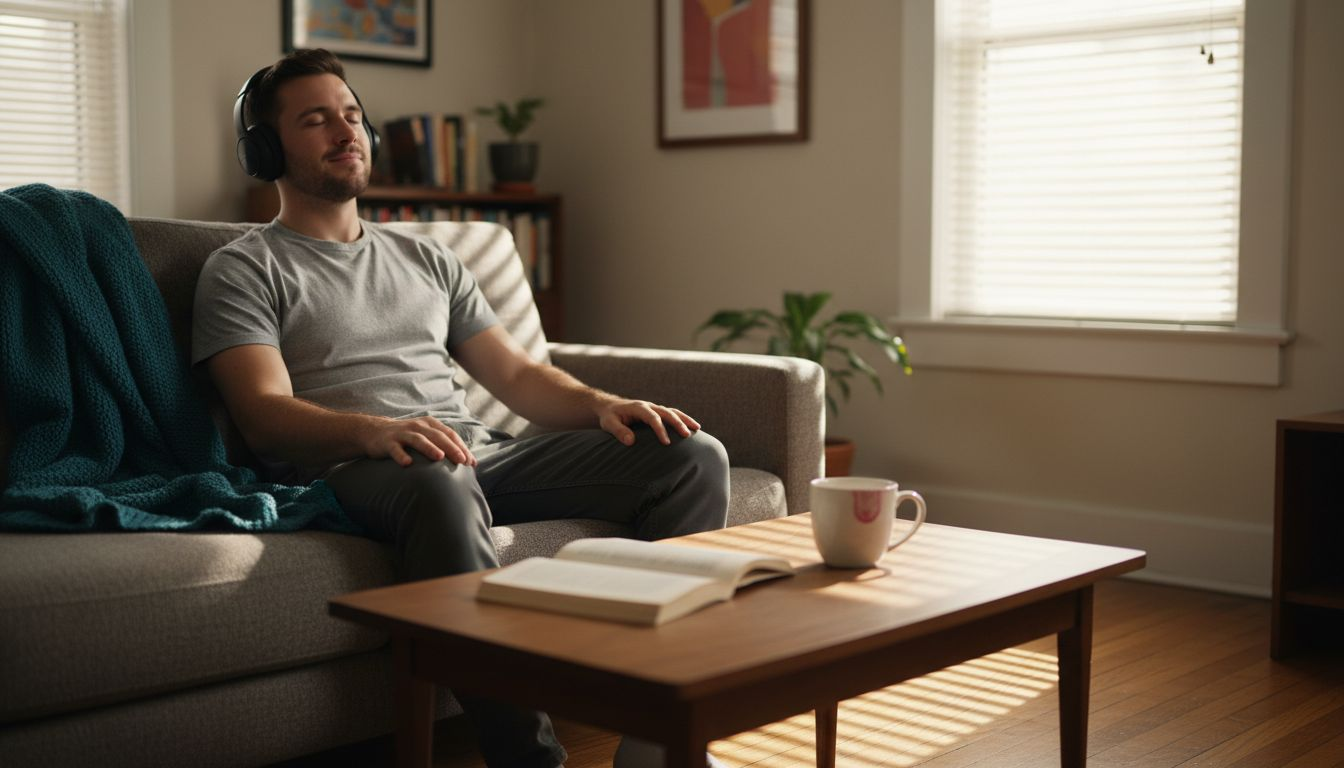 Man relaxing on sofa listening to music