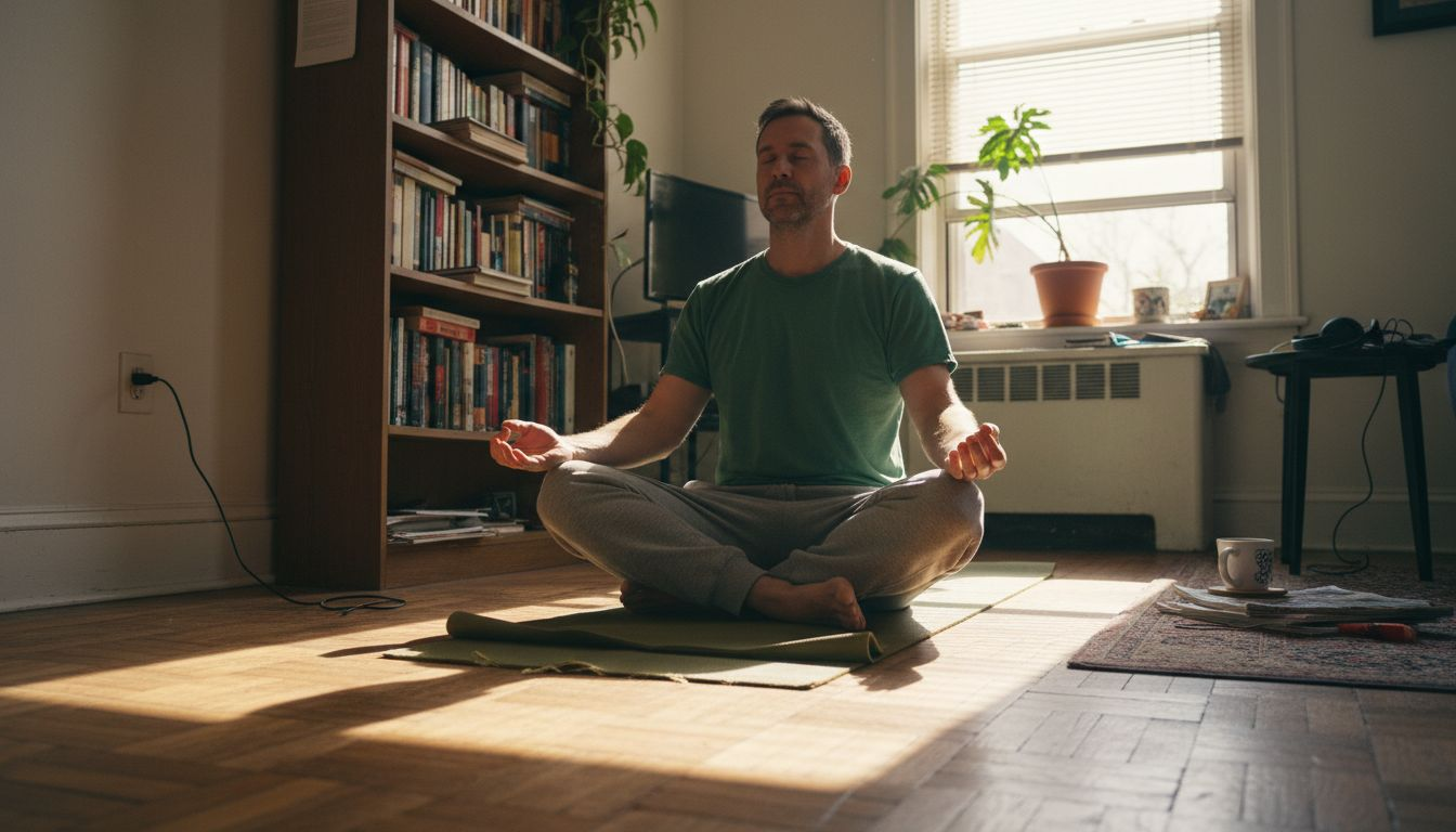 Man meditating in cluttered living room
