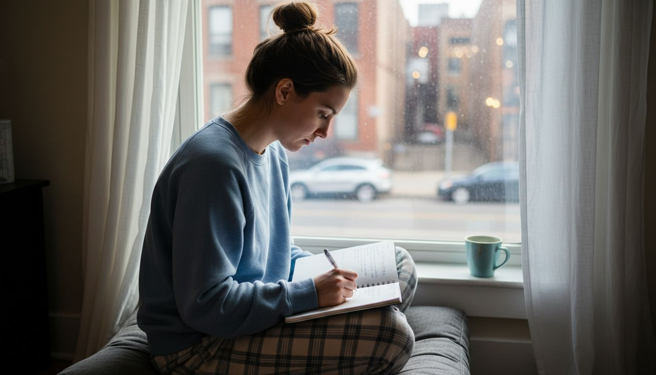 Woman journaling by window in morning light