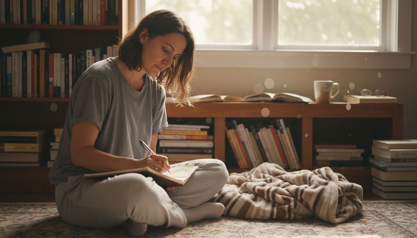 Woman journaling in cozy living room