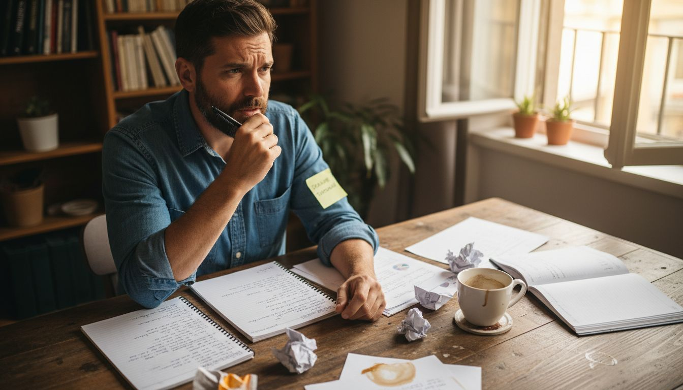 Man pausing journaling with frustrated look