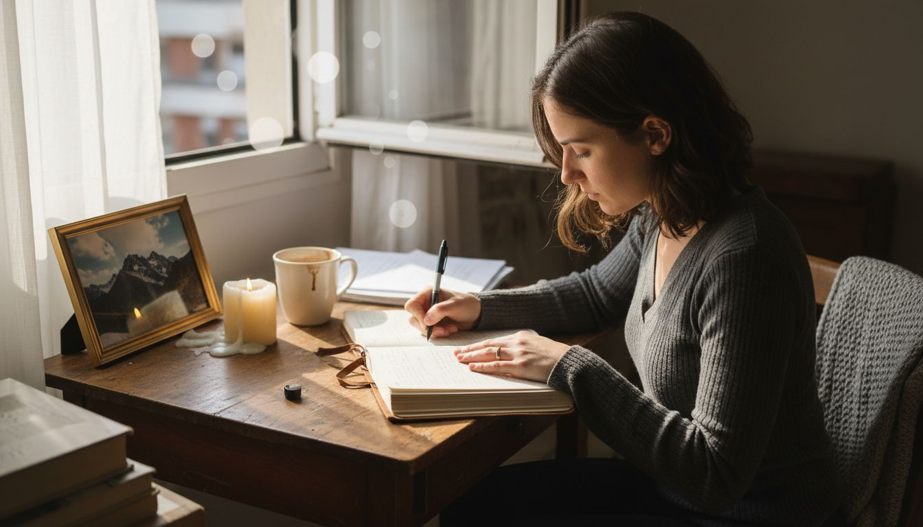 Woman journaling at sunlit home desk