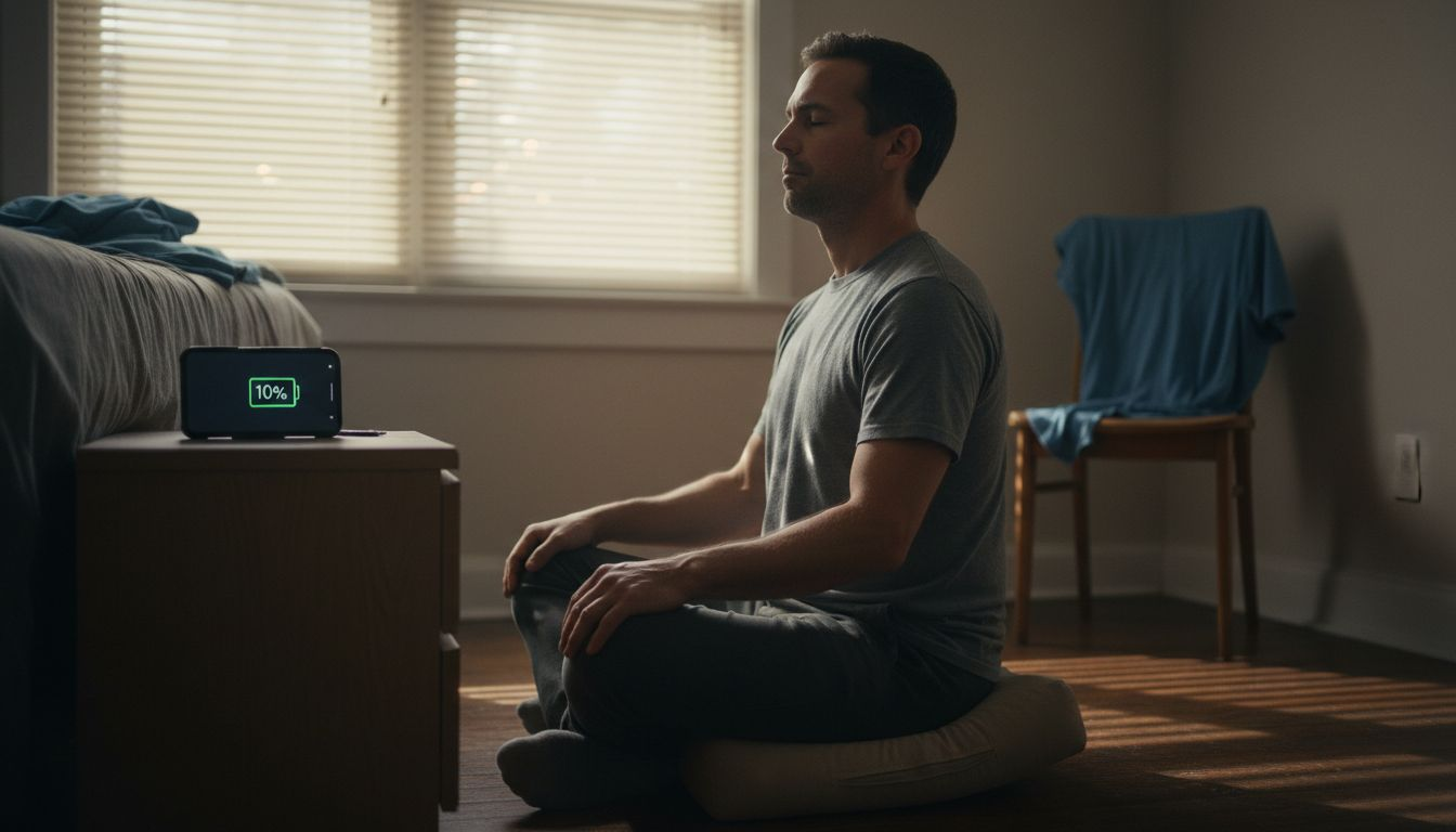 Man meditating in cluttered bedroom with distractions