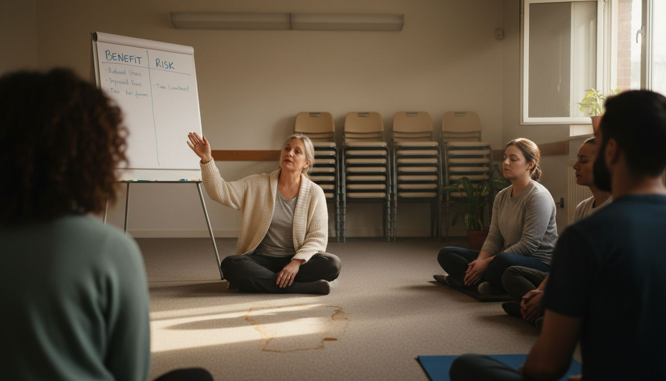 Facilitator discussing meditation risks with group