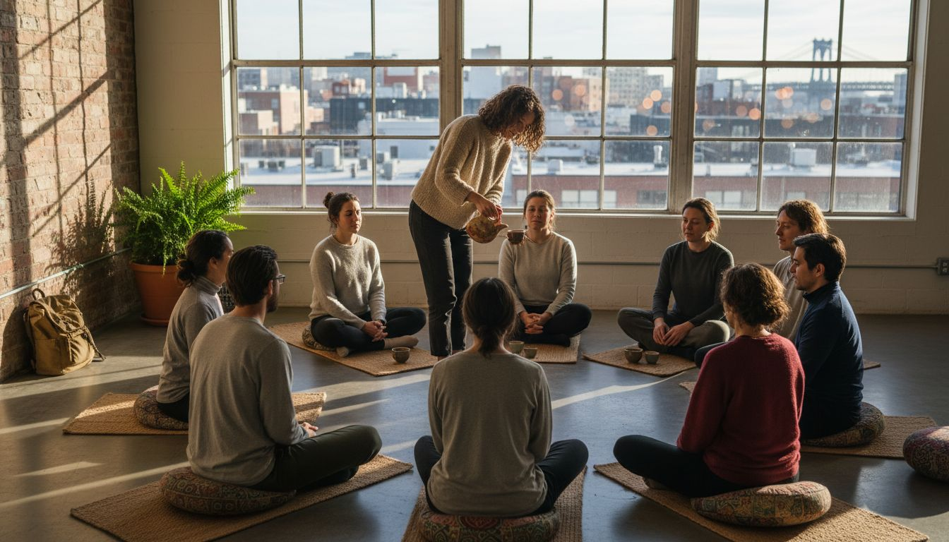 Meditation group gathering in sunlit city loft