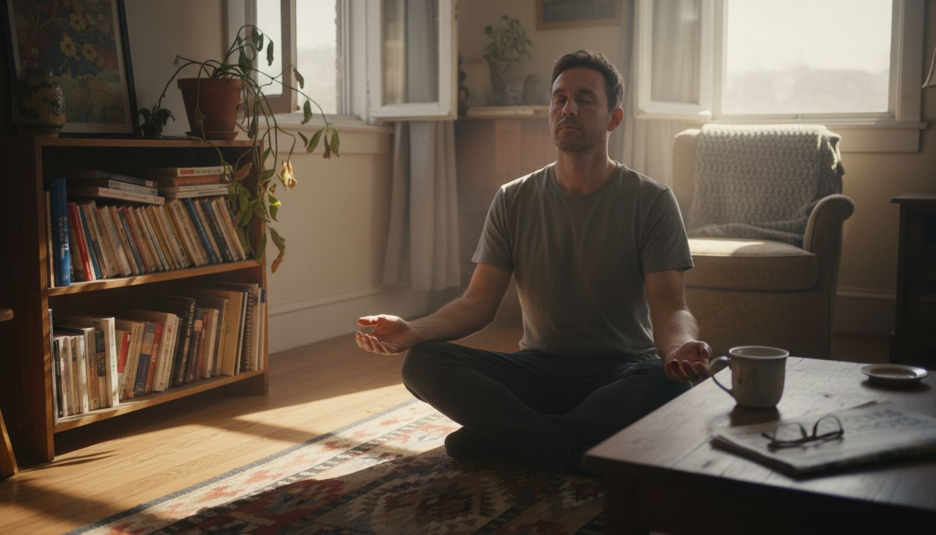 Man meditating in cozy lived-in living room