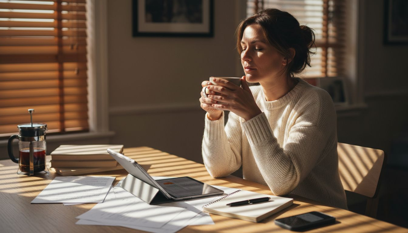 Woman pausing for meditation amid daily tasks