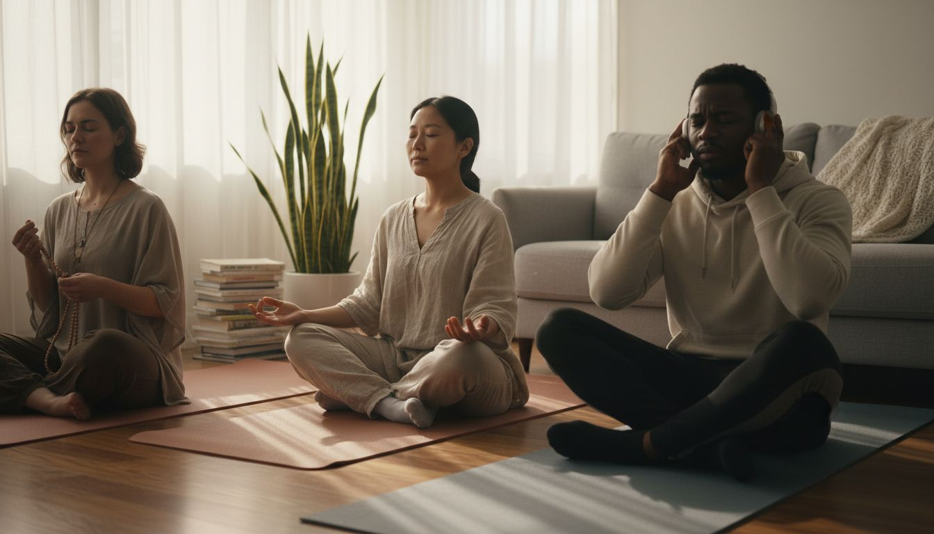 Three people meditating using different techniques