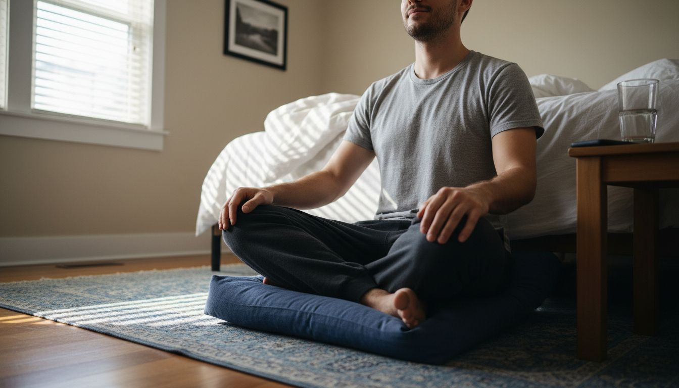 Man practicing mindfulness meditation at home