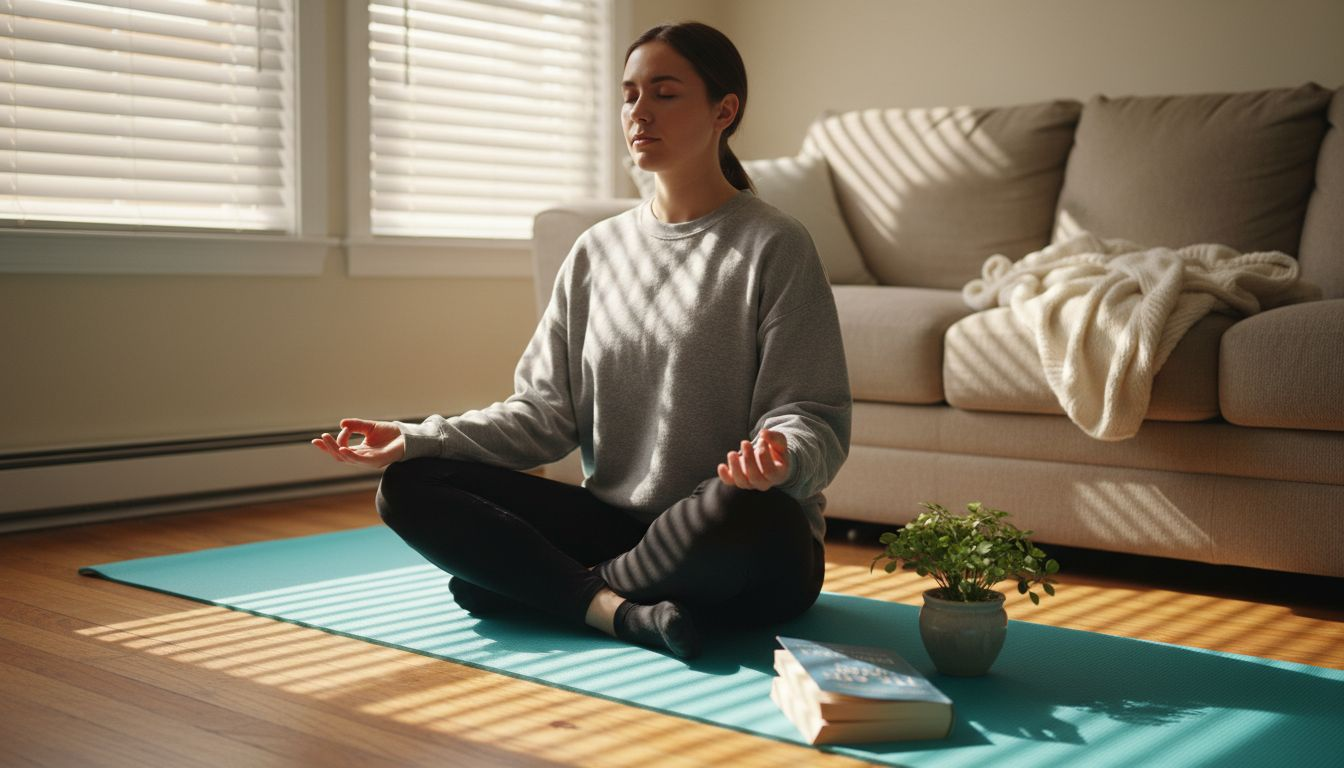 Young woman meditating in sunny apartment