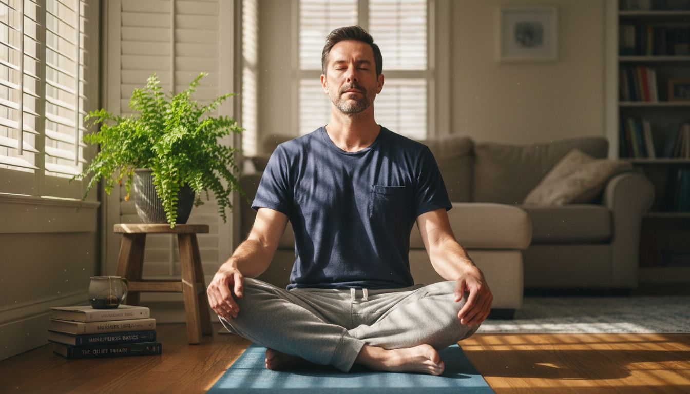 Man practicing yoga meditation at home