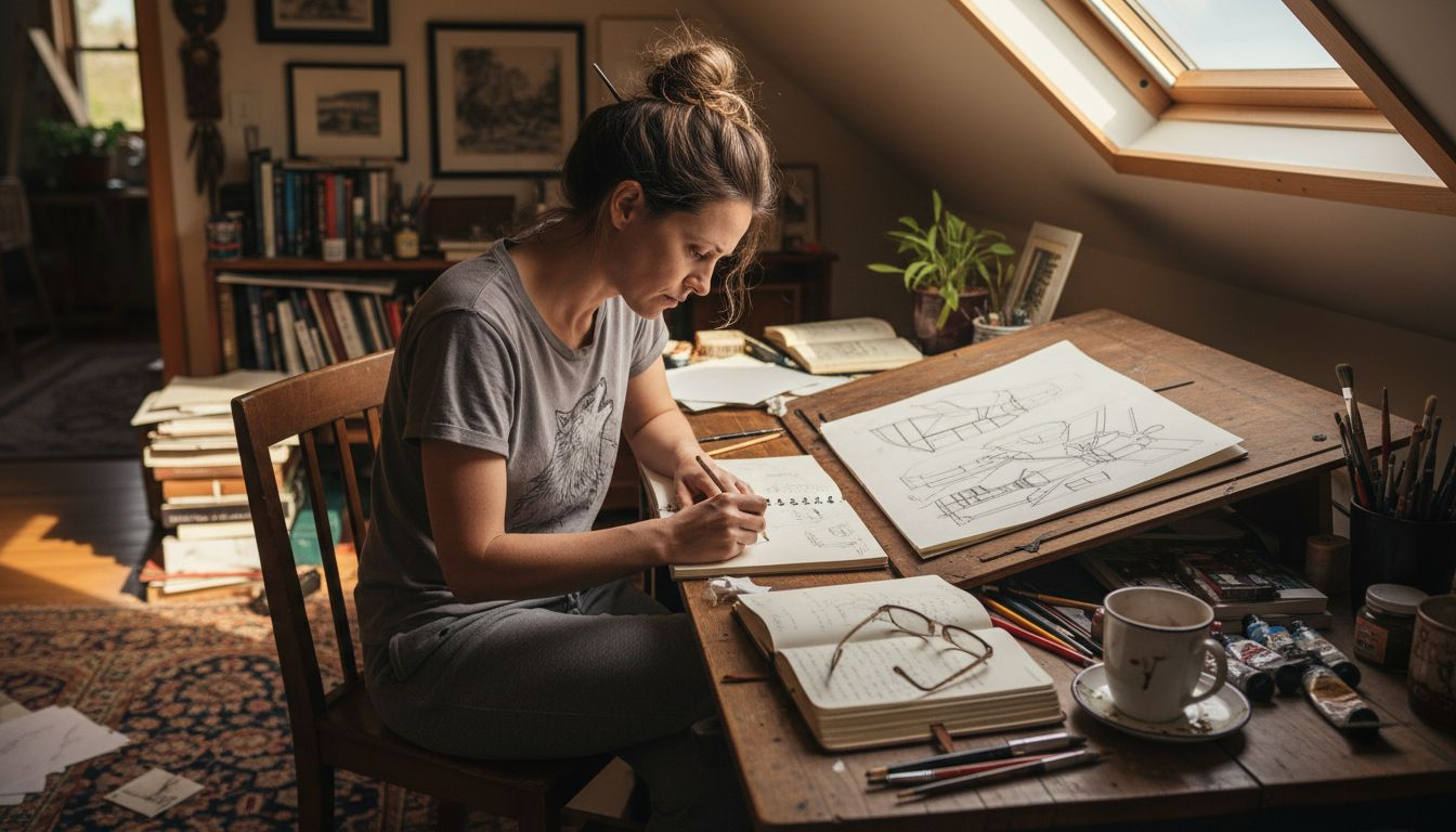 Woman sketching in cluttered attic art studio
