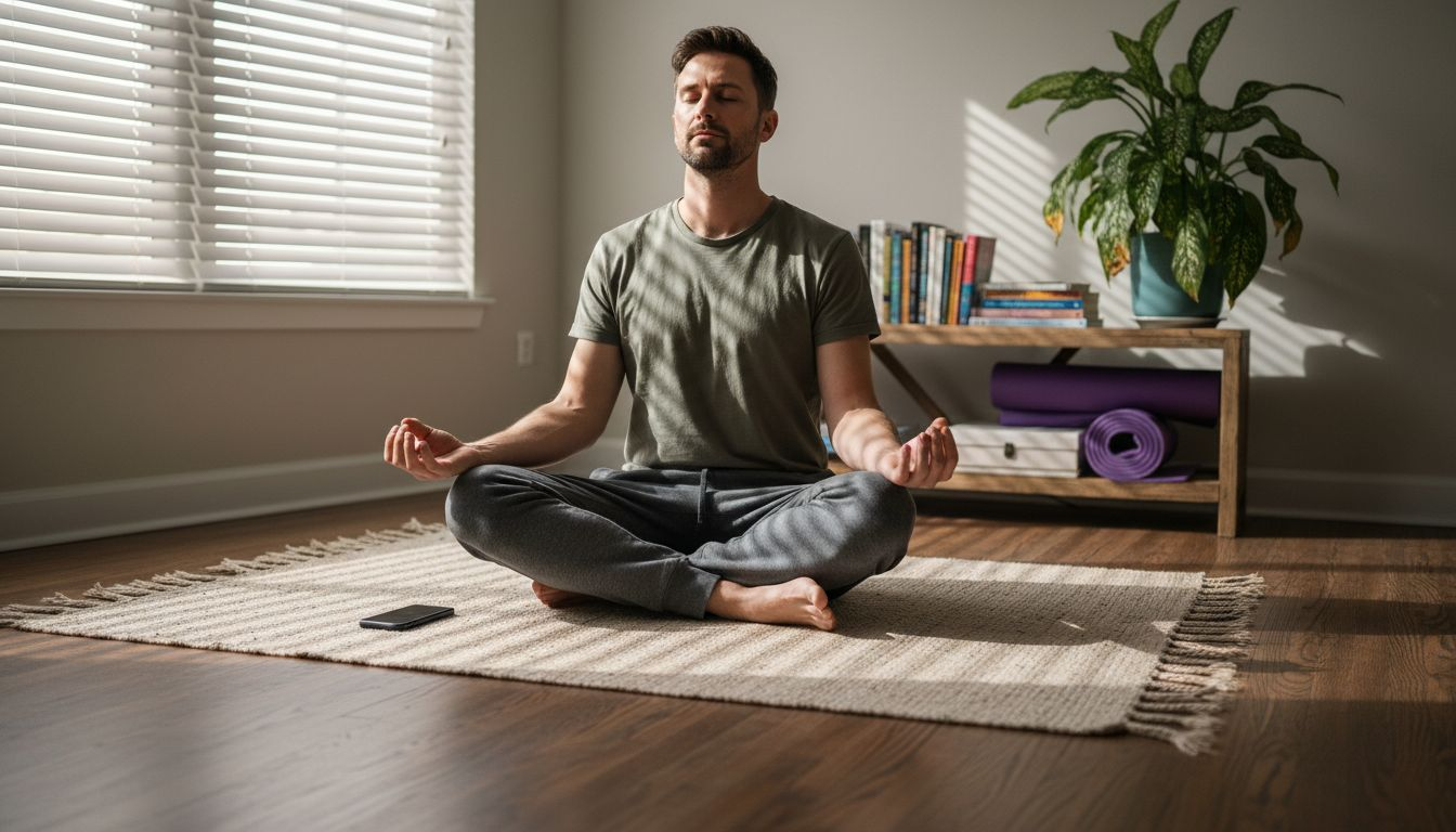 Man meditating in city apartment for stress relief