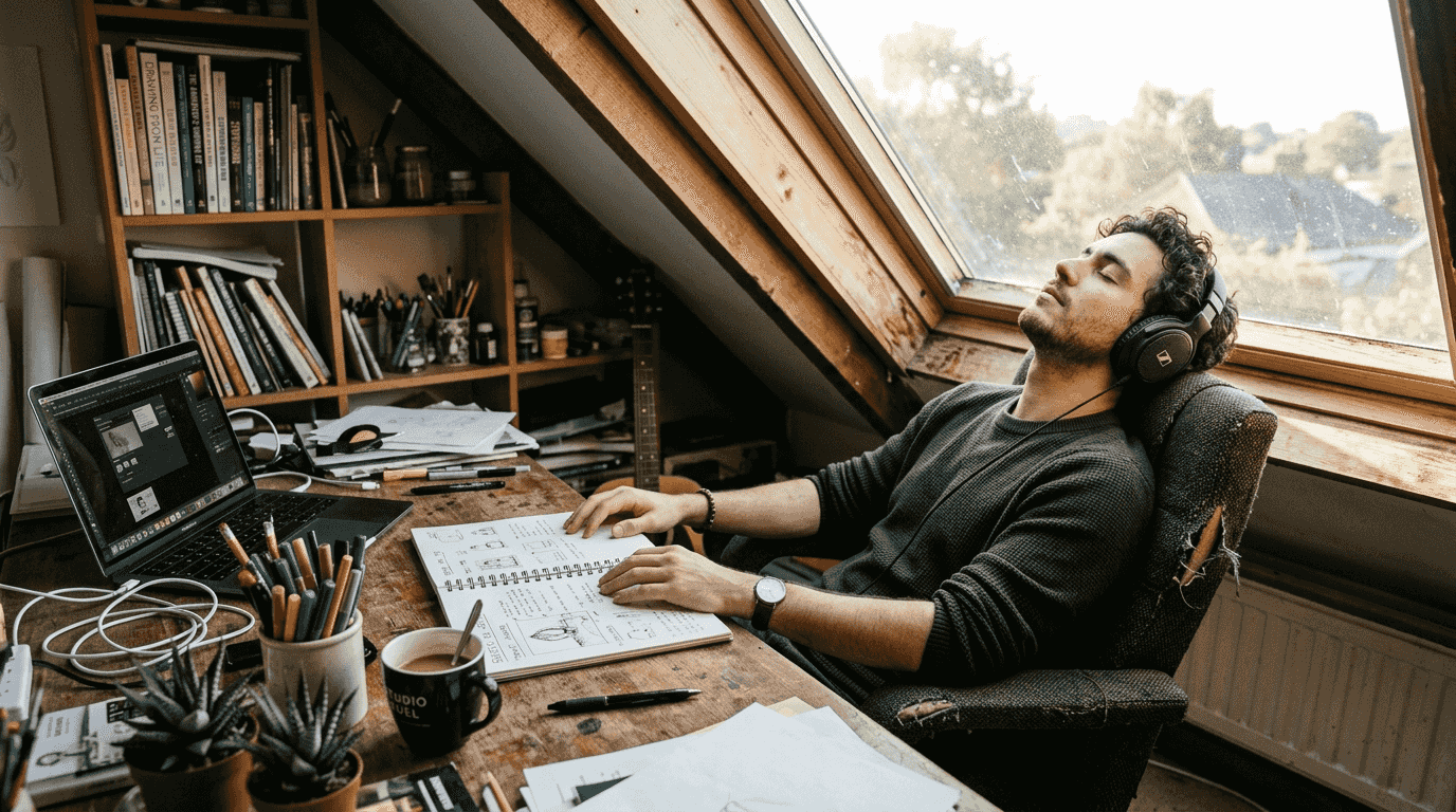 Man meditating at creative attic workspace