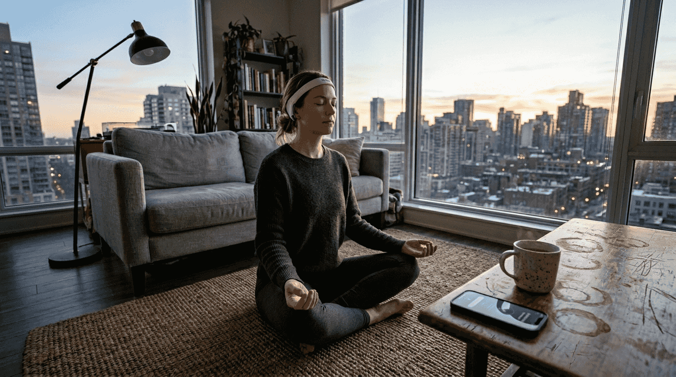 Woman meditating with tech in city apartment