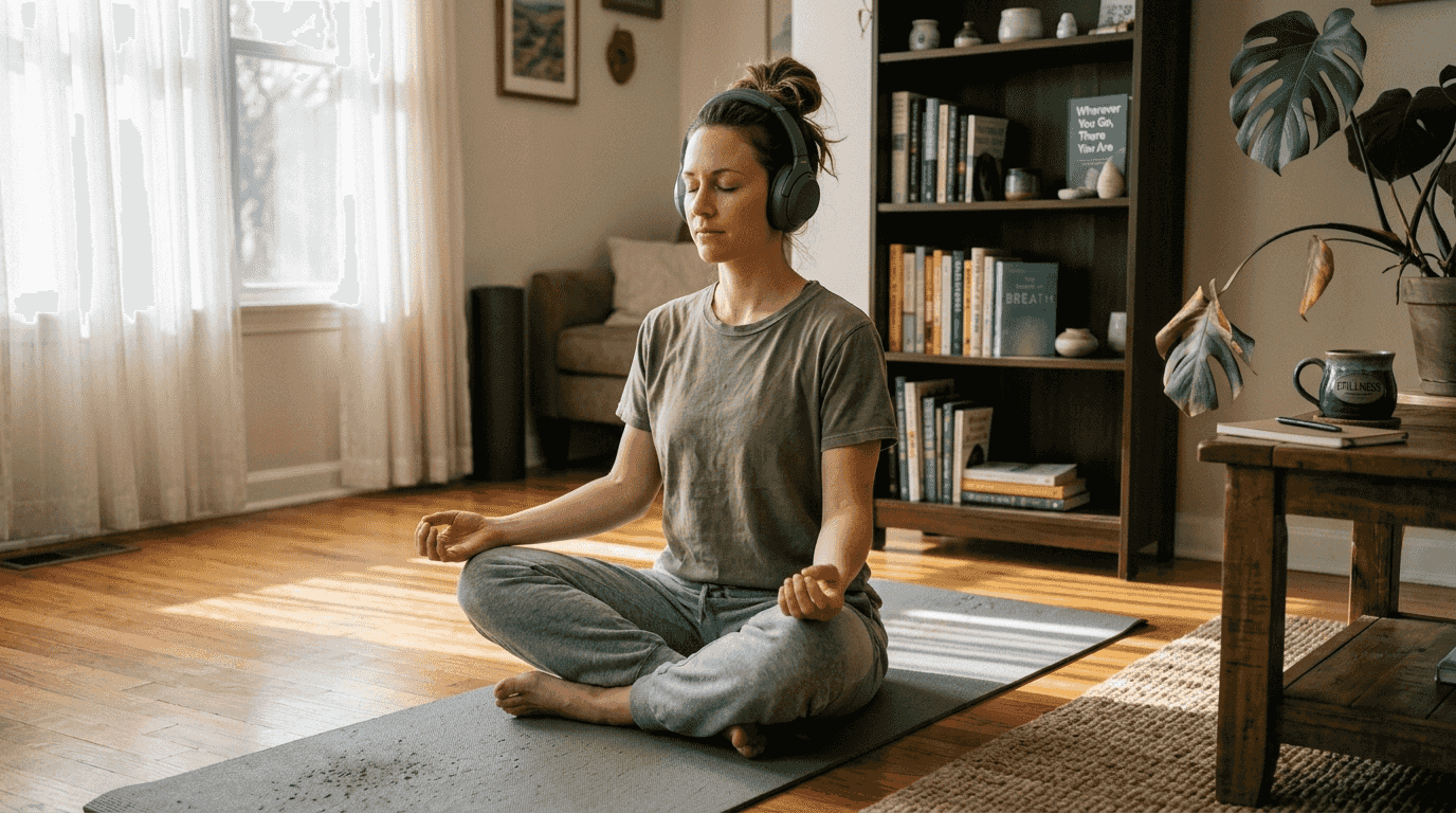 Woman meditating with headphones in home living room