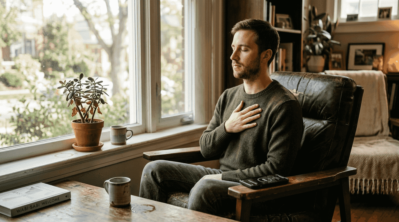 Man doing guided meditation noticing body sensations
