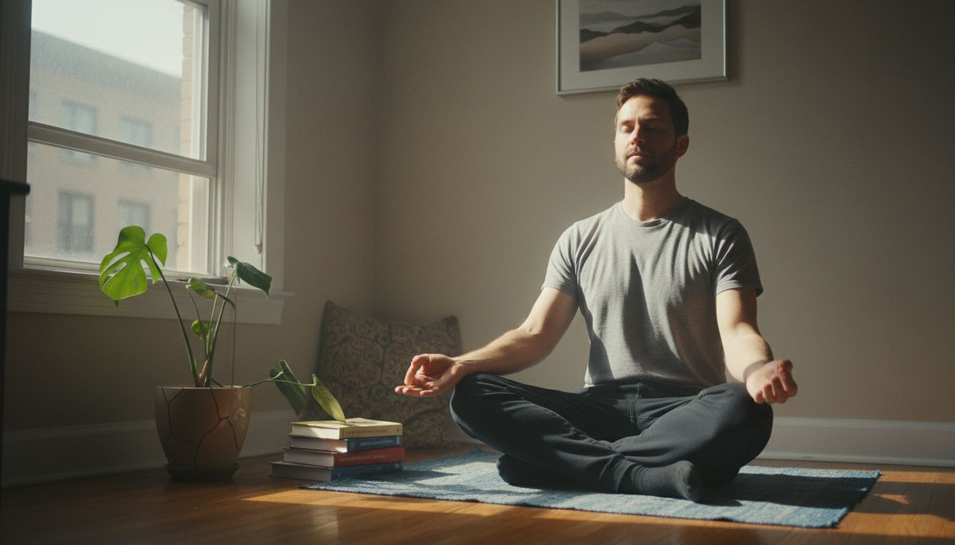 Man meditating in cozy apartment corner