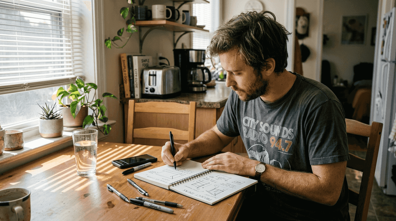 Man sketching ideas in quiet kitchen