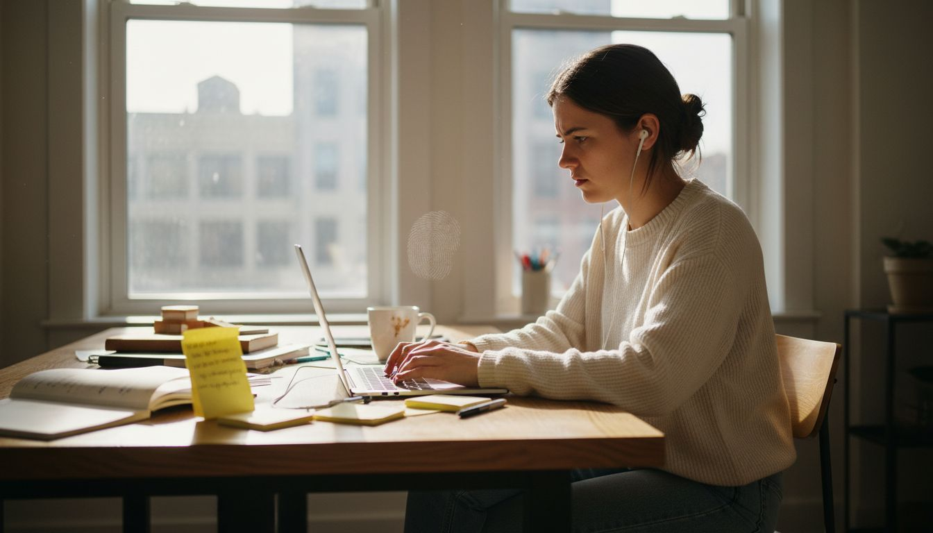 Woman deeply focused at city desk