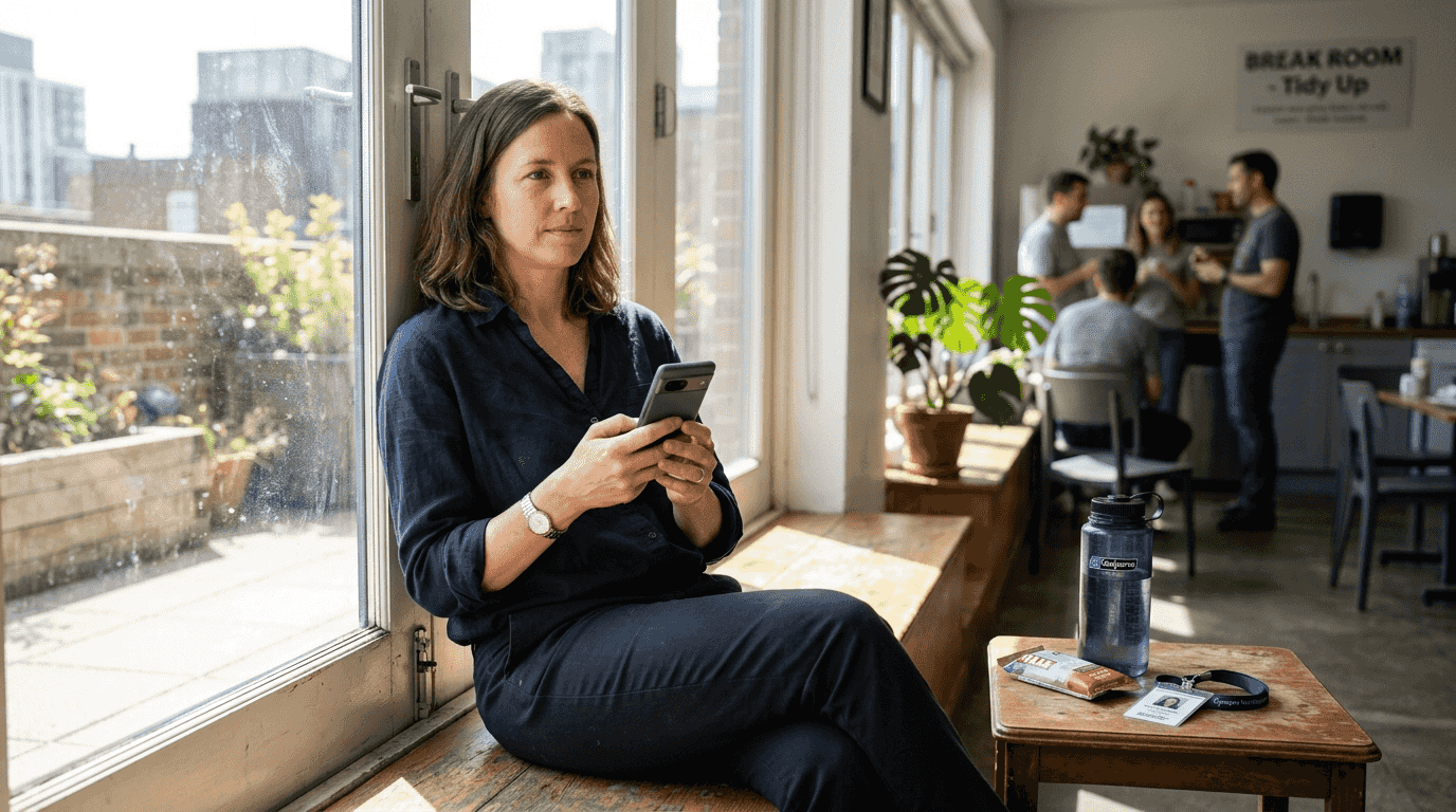 Woman using meditation app on work break