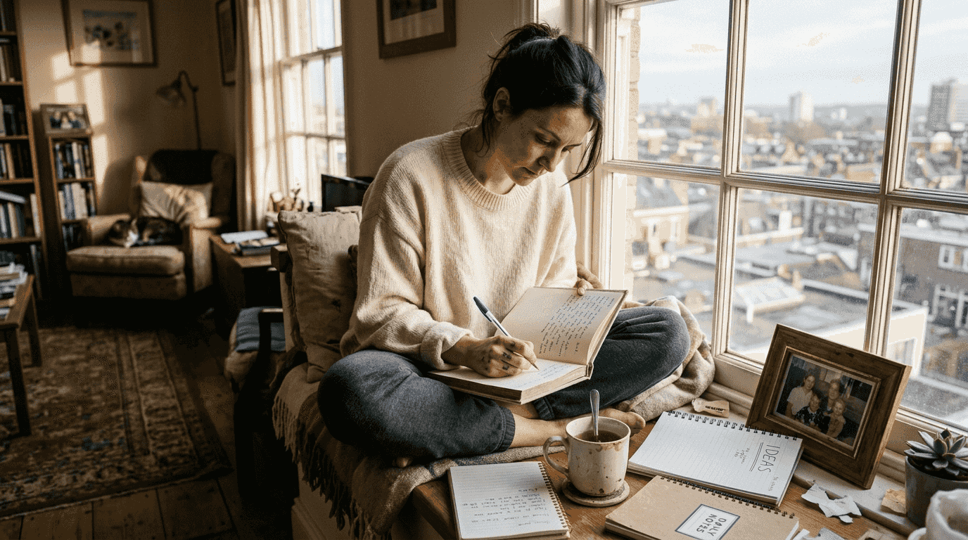 Woman journaling by window in morning light