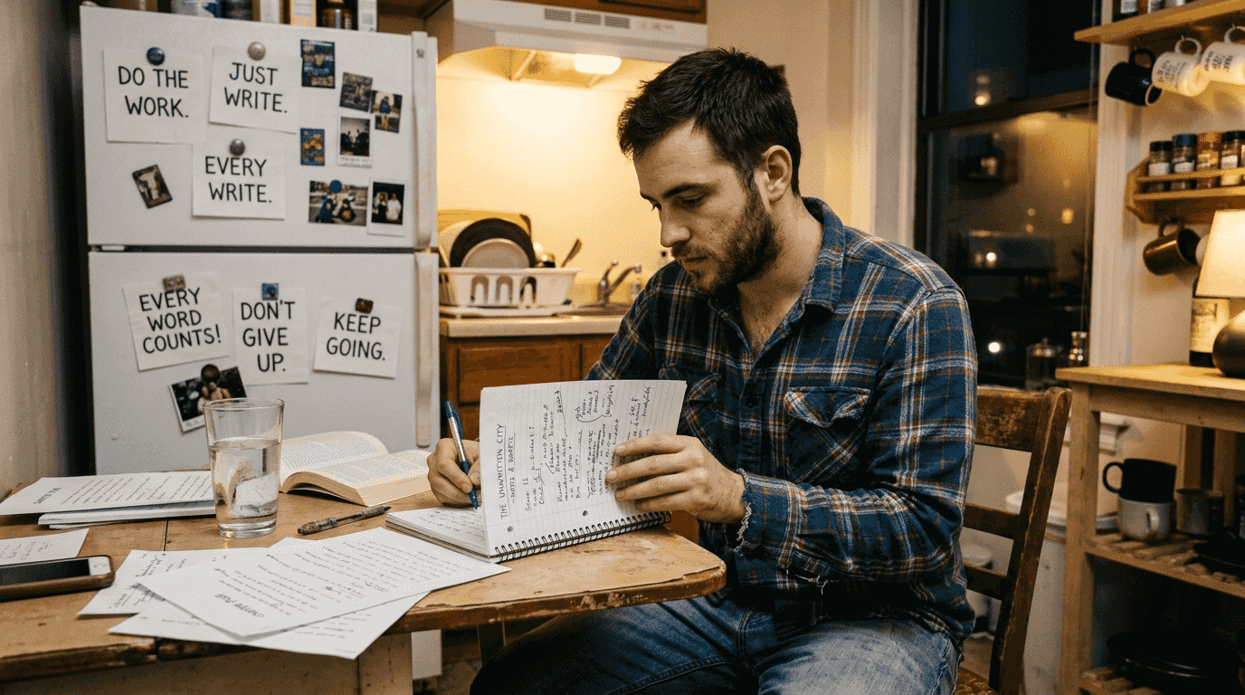 Man writing story in healing journal