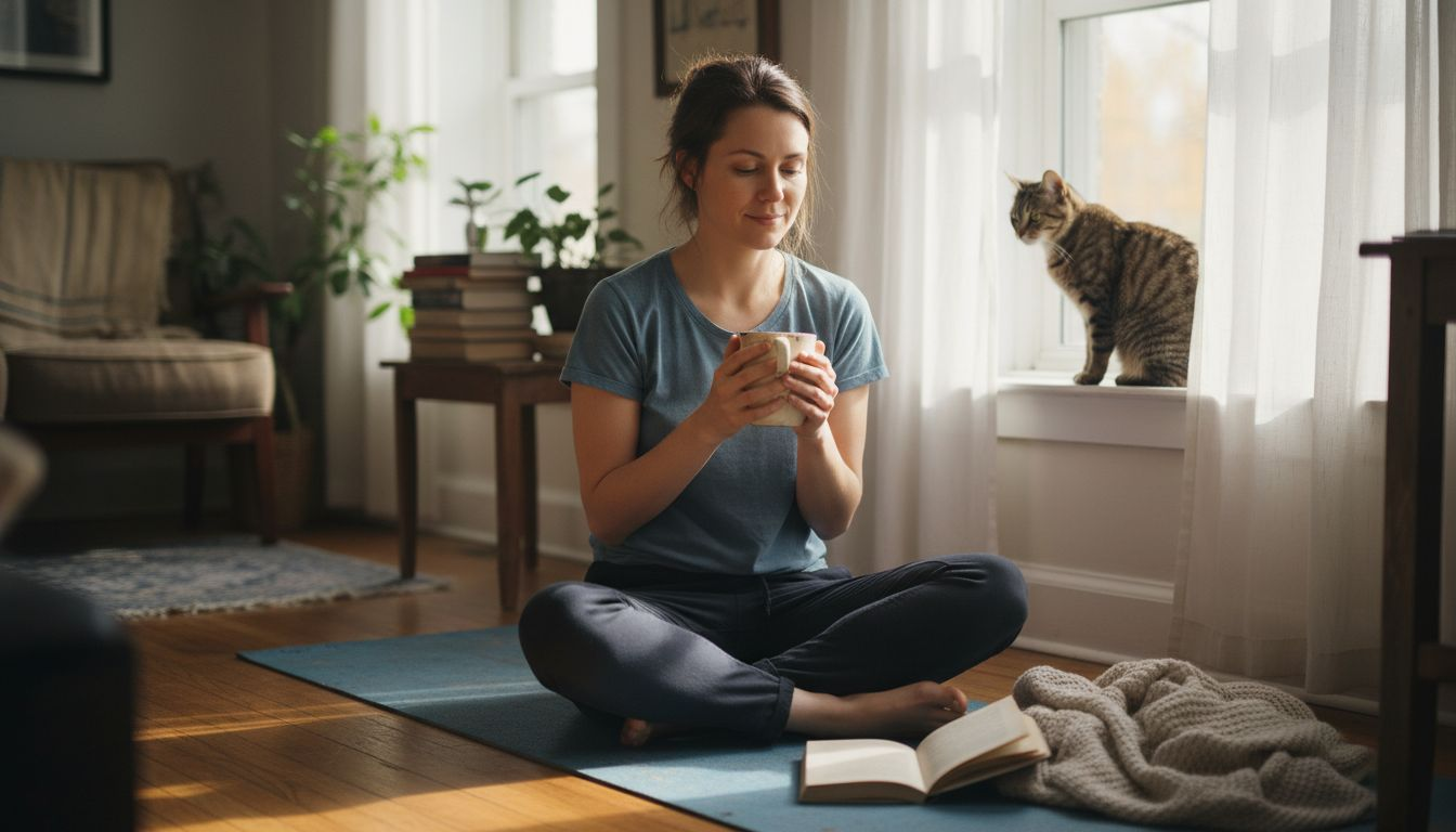 Woman practicing mindfulness in cozy apartment