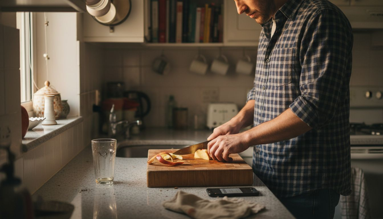 Man focused on mindful apple slicing