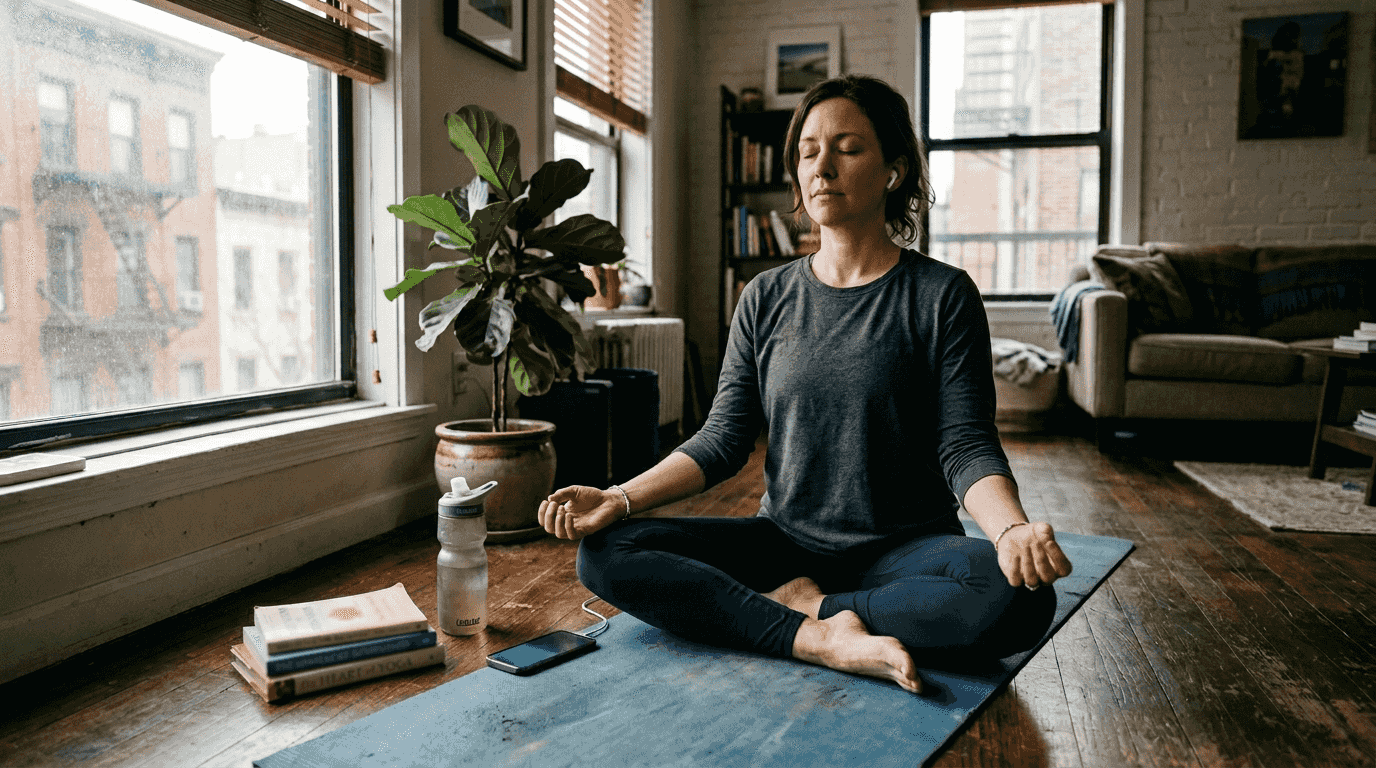 Woman meditating in sunlit city living room