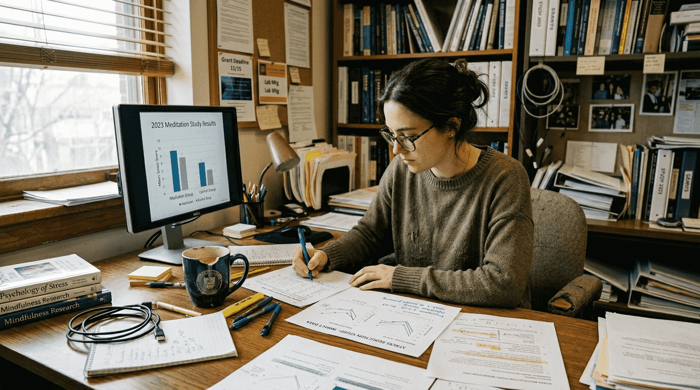 Researcher reviewing meditation study findings