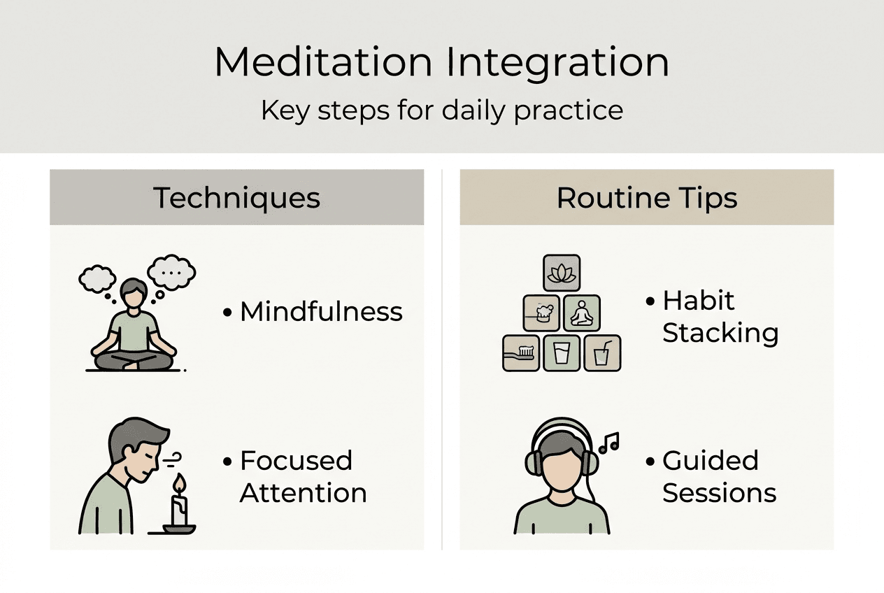 Infographic on daily meditation integration steps