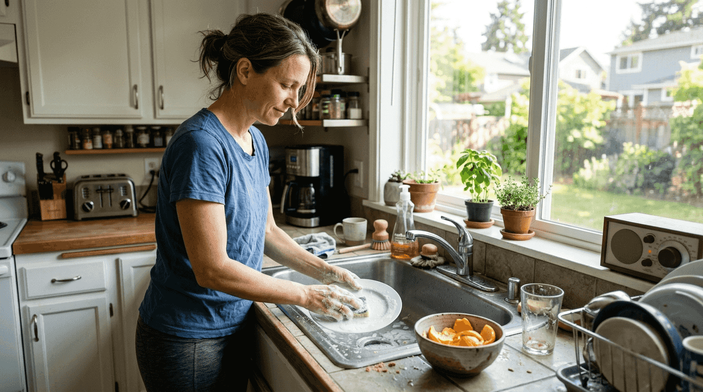 Woman mindfully washing dishes in morning light