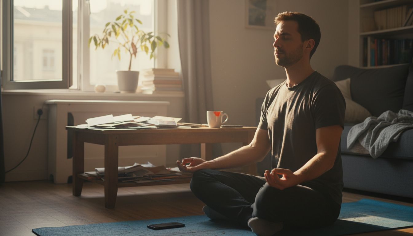 Man practicing meditation in casual living room