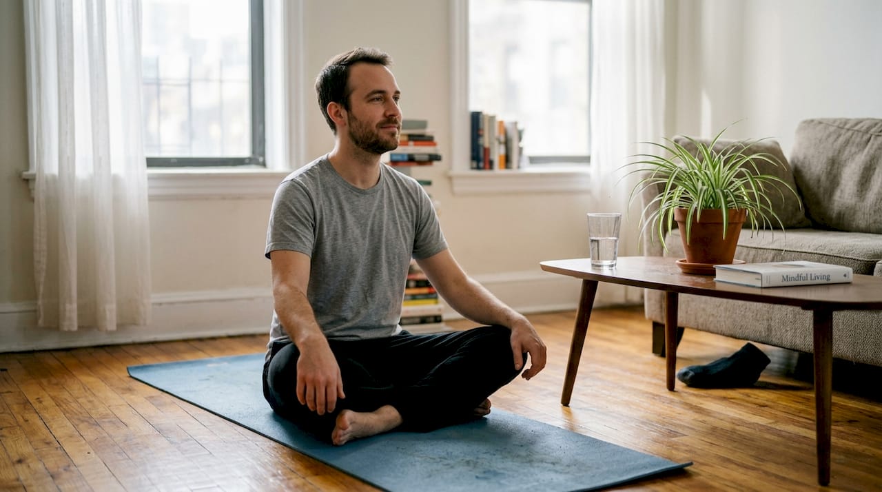 Young man meditating in relaxed home setting