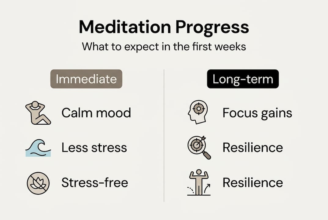 Infographic with meditation benefit timeline and outcomes