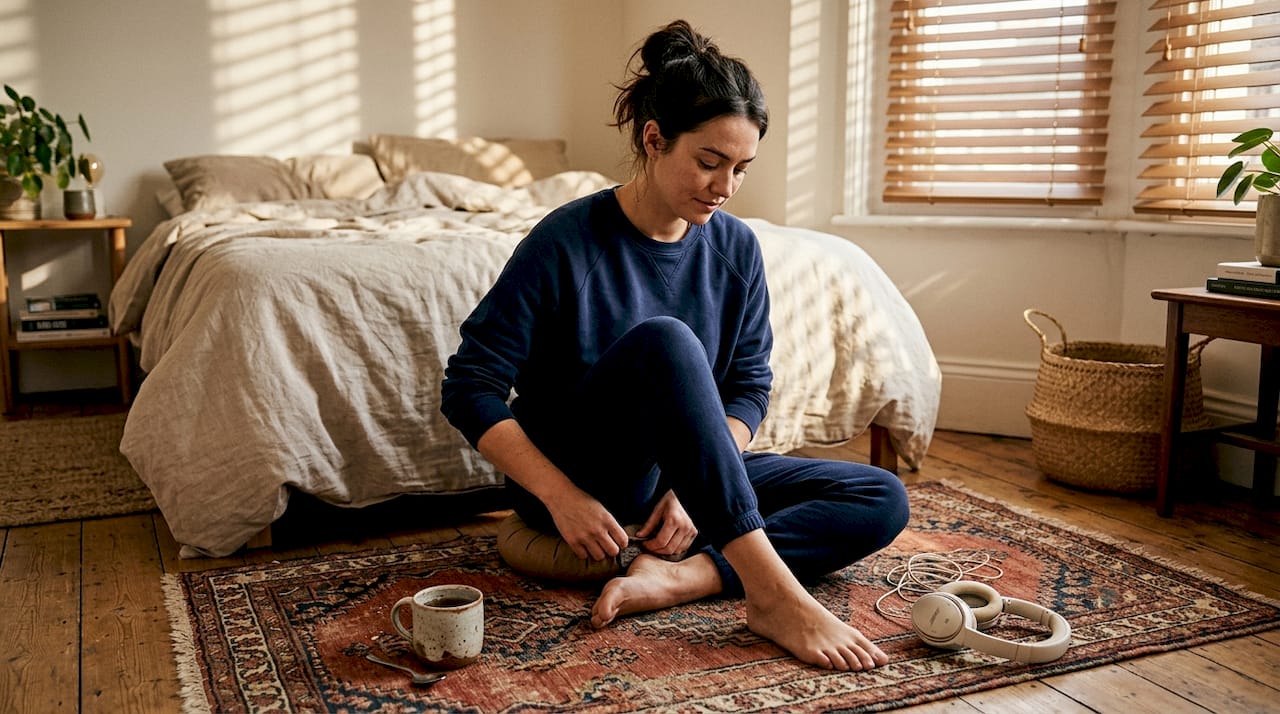Woman adjusting cushion during meditation practice