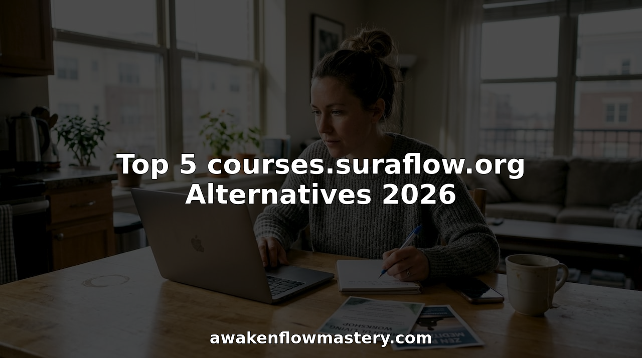 Woman comparing meditation course websites at kitchen table