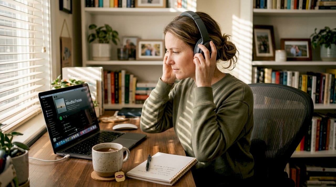 Woman starting meditation with headphones in home office
