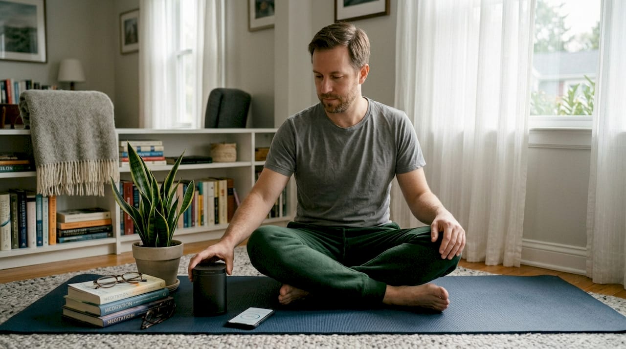 Man adjusting meditation speaker in sunlit living room