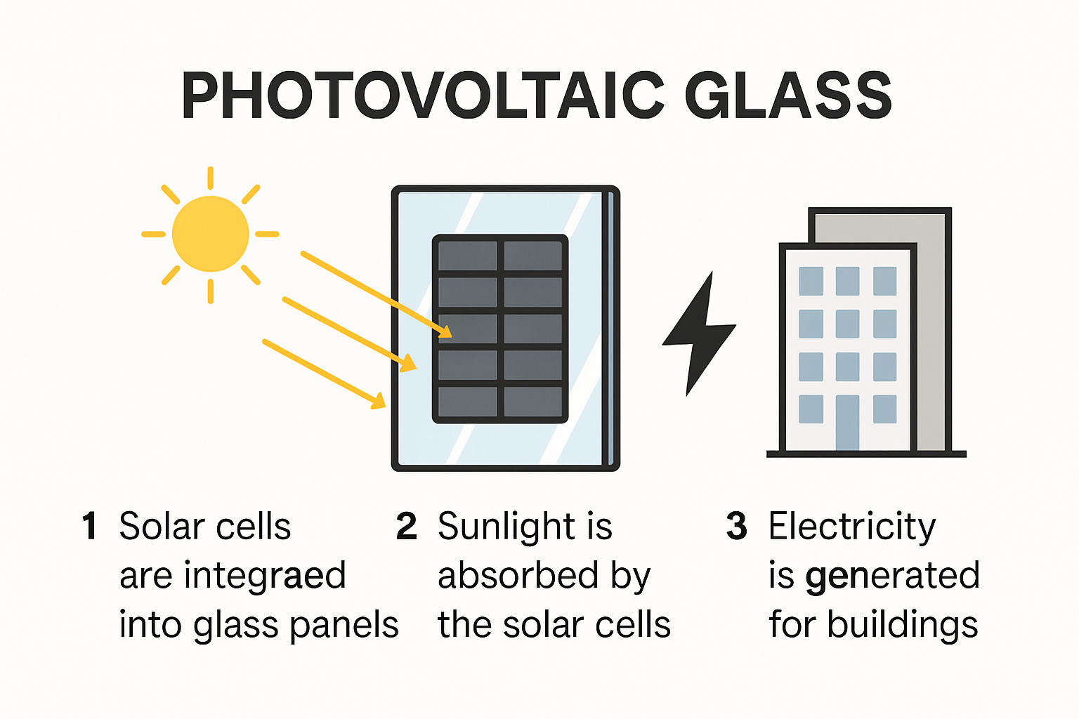 Diagram showing how photovoltaic glass panels produce electricity