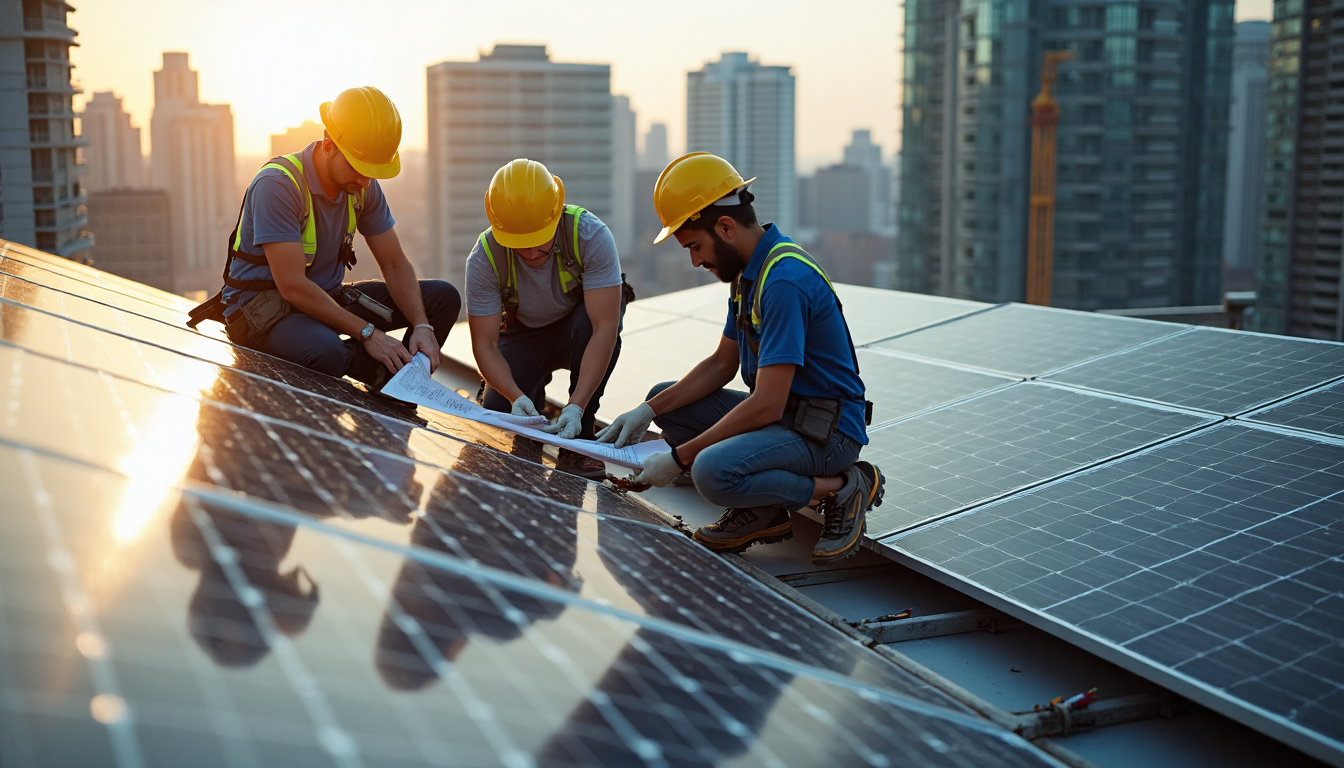 Workers installing thin-film solar panels on city rooftop