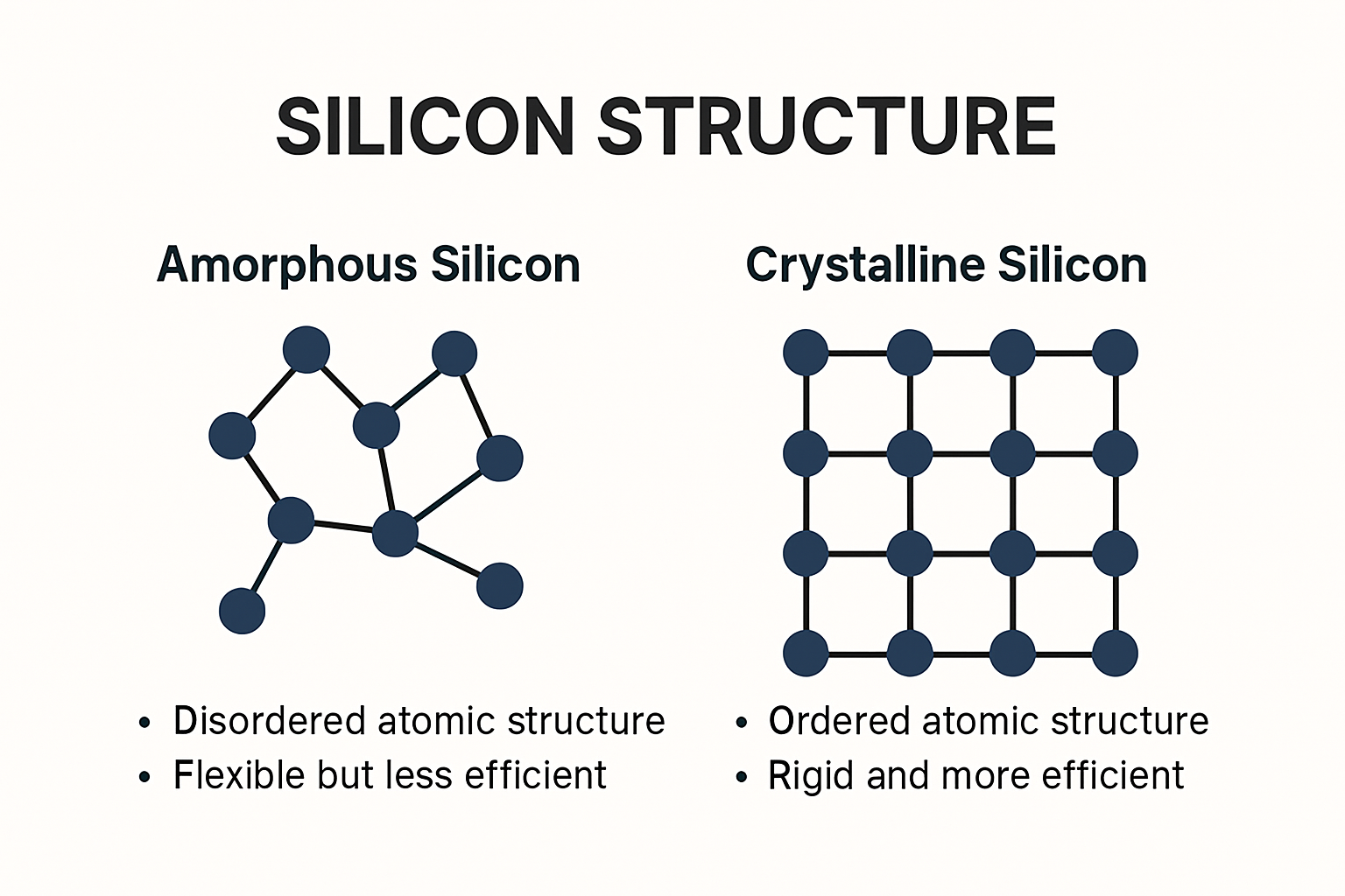 Amorphous vs crystalline silicon structure comparison infographic