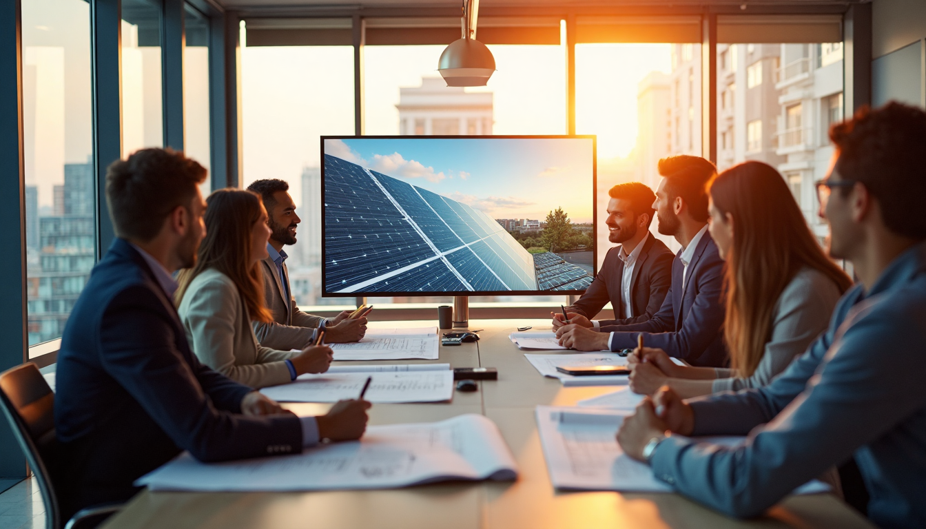 Architects discussing solar building plans in a modern office