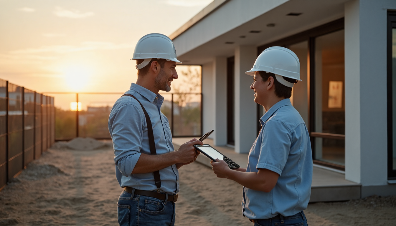 Architect showing solar efficiency features on modern building site