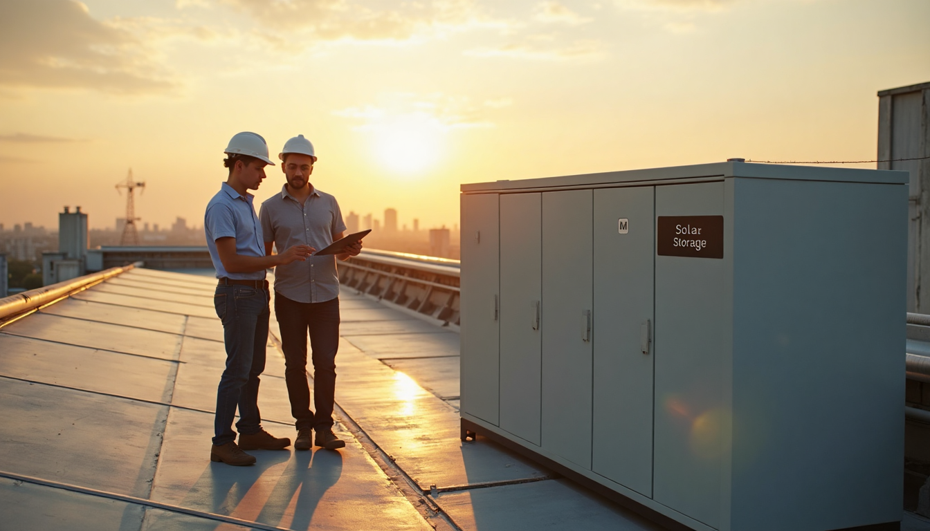 Engineers discuss solar panels and battery storage on city rooftop