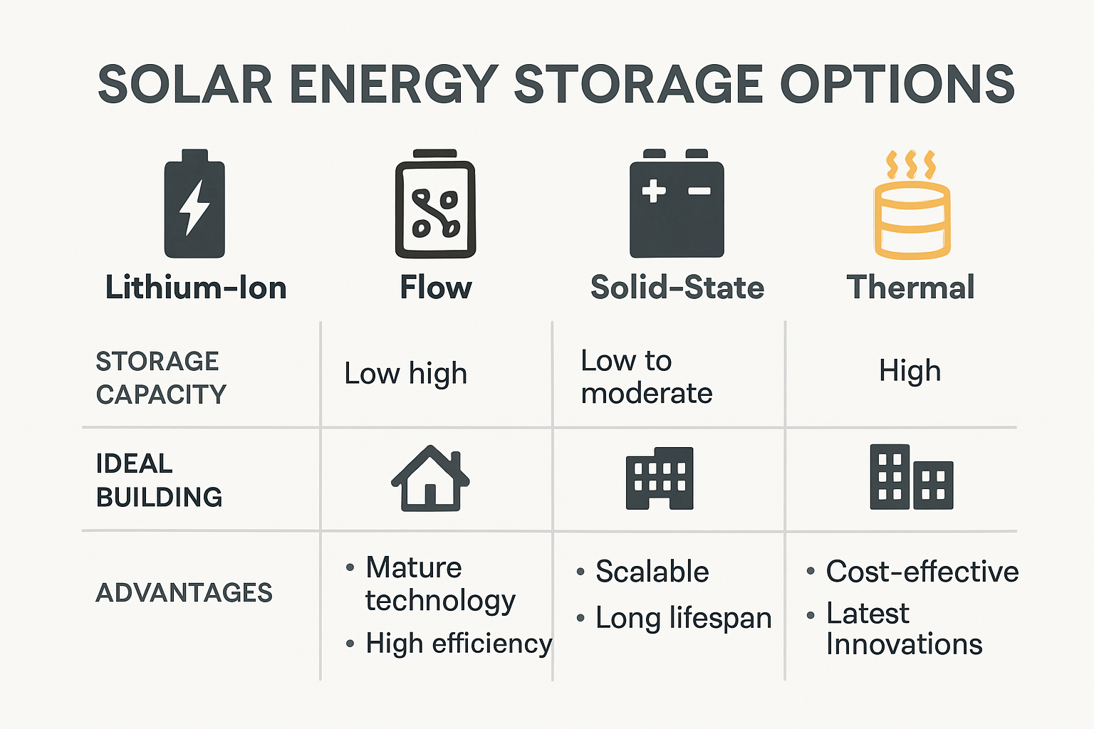 Comparison of solar energy storage options for buildings